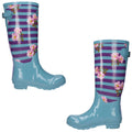 Stylish blue rain boots with a floral and striped pattern stand upright against a plain background showcasing their shiny surface and sturdy soles designed for wet conditions