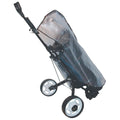 A stroller covered with a clear rain cover stands upright on its rear wheels with front wheels angled inward situated against a neutral background indicating protection from wet weather.