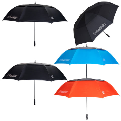 Four umbrellas in different colors including black blue and red are displayed open showcasing their canopies with a central pole indicating they are designed for protection against weather elements.