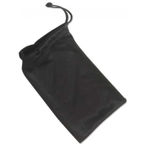 A black fabric pouch is upright with its opening at the top the drawstring is pulled tight suggesting it is ready to store small items in a simple clean setting