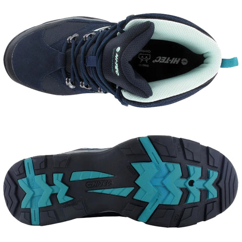 A blue hiking boot is presented from above showing the laces and padded collar while the sole displays a rugged tread design suitable for outdoor terrain.