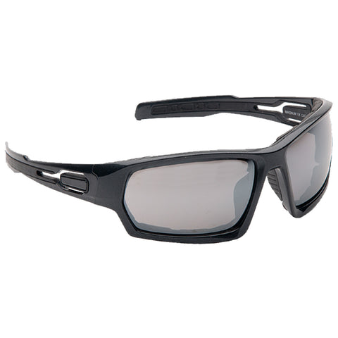 Stylish black sunglasses resting at an angle with a reflective lens showcasing a sleek design their context suggests they are meant for outdoor activities or sports.