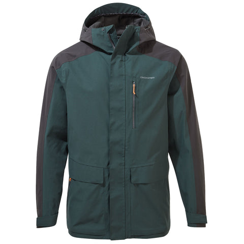 A green and black jacket stands upright showcasing its design features including a hood and multiple pockets indicating it is suitable for outdoor use in various weather conditions