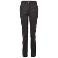 Black pants hang vertically displaying a slim fit and a zippered side pocket emphasizing a sleek design suitable for casual or outdoor settings