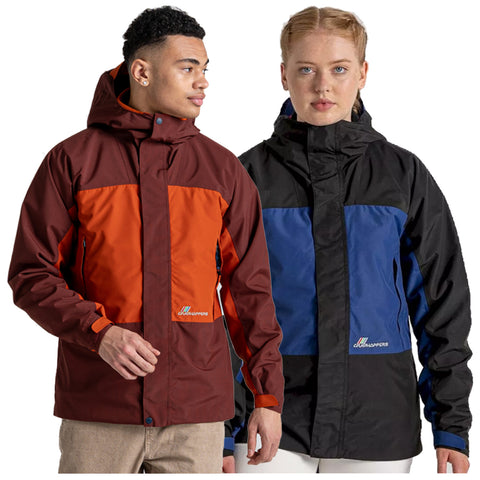 Two individuals are wearing colorful jackets the male on the left has a dark red and orange jacket while the female on the right wears a black and blue jacket against a plain background