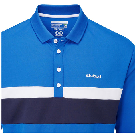 A blue polo shirt with a contrasting white and navy horizontal stripe features a collar and a button placket. The brand name 'stuburt' is displayed on the front.