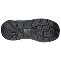 A black shoe sole rests flat showcasing a textured tread pattern designed for grip and durability in various terrains, emphasizing a practical design for outdoor or work environments.