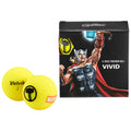 Yellow golf balls with branding are positioned next to a box featuring an illustration of a superhero holding a hammer in a dynamic pose with a black patterned background.