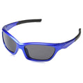 Blue sunglasses are displayed at an angle with dark lenses reflecting light showcasing a sleek design suitable for outdoor activities or sunny environments.