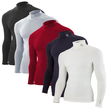 Five long-sleeve turtleneck shirts are displayed in a row featuring colors black gray red navy and white they are designed to fit snugly around the neck and torso