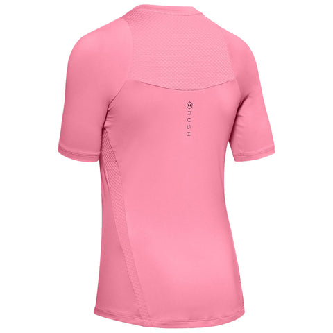 A pink short-sleeve athletic shirt is displayed from the back showing a textured design on the upper section and the brand logo "RUSH" on the side.