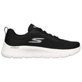 Black athletic shoe designed for walking features a mesh upper for breathability a cushioned sole for comfort and a sleek profile with a logo on the side