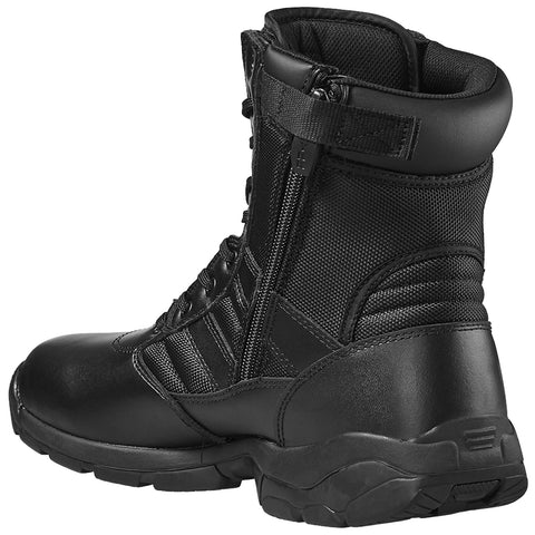 A black tactical boot stands upright featuring a combination of smooth leather and textured fabric with a zip and lace closure showcasing a sturdy treaded sole for traction and support