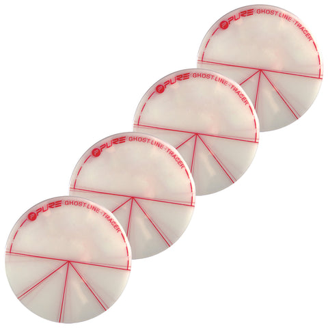 Four round disc markers are aligned, each with a white base and a red printed design indicating directional lines. They are labeled as PURE GHOST LINE TRACER, typically used for outdoor sports.