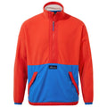 A fleece pullover with a high collar features a bright red upper section and a blue lower section with two side pockets and a logo label at the front bottom.