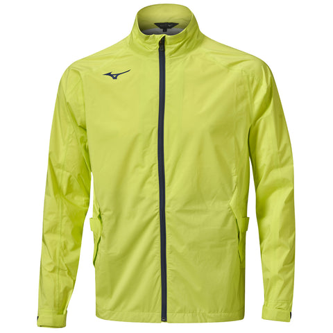 A bright yellow lightweight jacket is displayed frontally with a high collar and a zipper. The jacket features a logo on the left chest area and two side pockets.