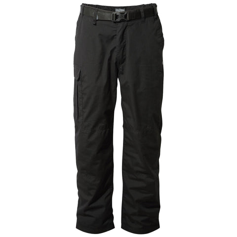 Black cargo pants are displayed upright featuring multiple pockets and a belt area suggesting a utilitarian design suitable for outdoor activities or casual wear.