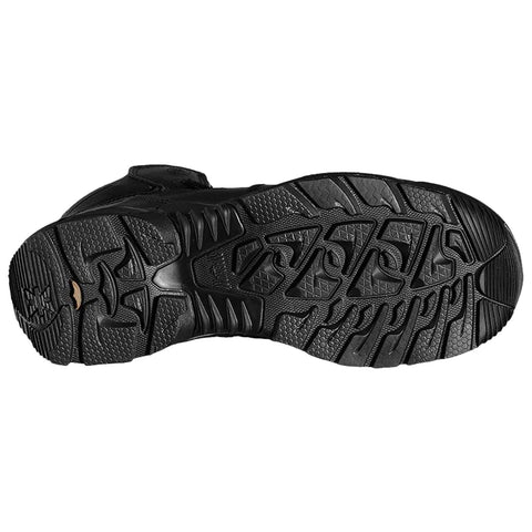 A black shoe sole is displayed showing a detailed tread pattern indicating traction and grip designed for outdoor activities in various environments such as trails or rugged terrain