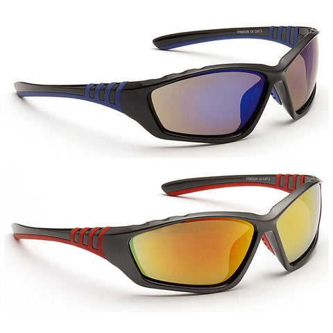 Two pairs of sports sunglasses are displayed side by side one pair has blue accents with mirrored lenses the other pair has red accents with gradient lenses highlighting their stylish design