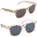 Eyelevel Kids Amy Sunglasses Two pairs of stylish sunglasses are displayed. One has bright floral patterns while the other features colorful heart designs. Both have dark lenses and lightweight frames suitable for casual wear.