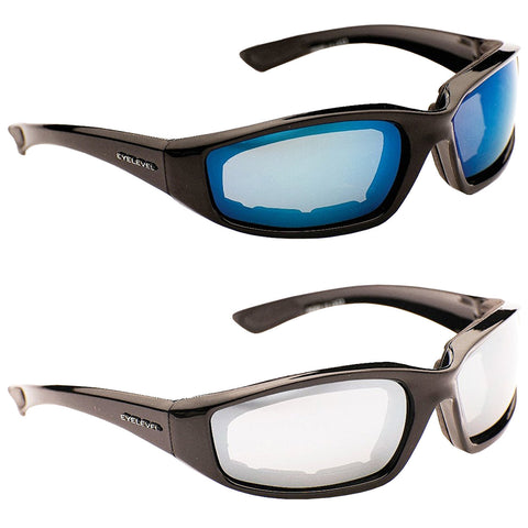 Sunglasses with a black frame feature two sets of lenses one with a blue reflective tint and the other clear positioned above each other for display.