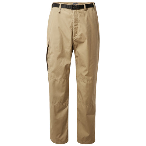 Beige cargo pants with a black belt are displayed upright against a plain background showcasing their straight cut and side pockets suitable for outdoor activities or casual wear.