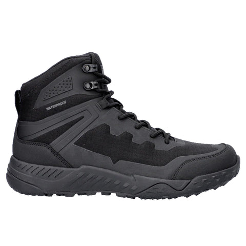 A sturdy black waterproof boot stands upright showcasing its high ankle design and textured surface intended for outdoor activities in challenging weather conditions. The sole features traction for stability.