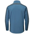 A blue long-sleeve performance shirt is displayed with a gray textured yoke and sleeves facing away from the viewer against a plain white background.