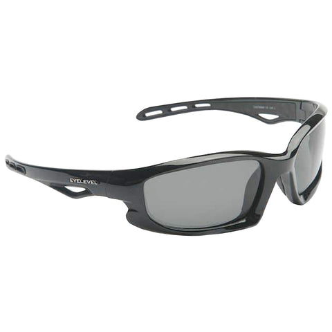 Black sunglasses with a sporty design rest horizontally. They are designed to reduce glare and protect the eyes in bright environments such as outdoors or during sports activities.