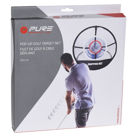 A golf target net is displayed on packaging with a golfer preparing to chip a golf ball towards it. The background highlights the net's structure labeled as "CHIPPING NET."