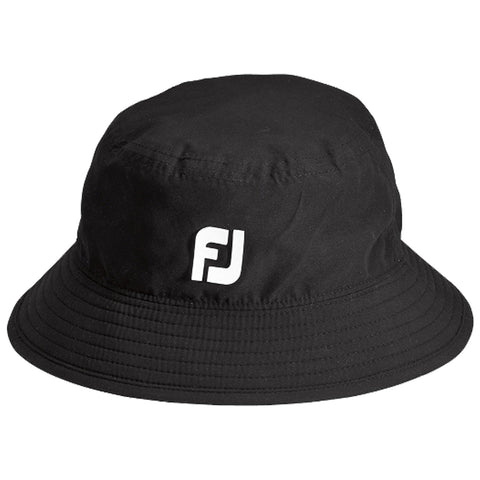 A black bucket hat with a white logo is displayed prominently on a plain background demonstrating a simple yet functional design for casual wear or outdoor activities.