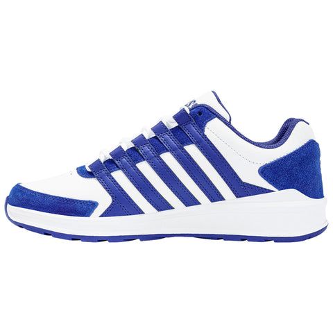 A side view of a athletic shoe predominantly in white with blue accents features a sleek design with multiple lace holes and a cushioned sole suitable for sport activities.