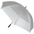 A large white umbrella is opened with a black handle providing shelter from rain or sun while showcasing its smooth, slightly textured surface in a neutral background.