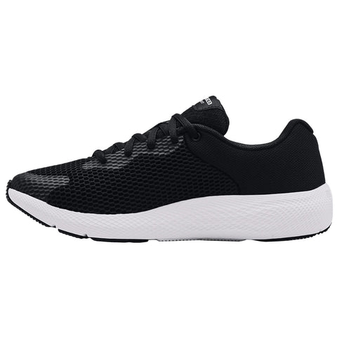 Black athletic shoe features a textured upper with hexagonal patterns and a white sole designed for comfort and performance displayed against a neutral background.