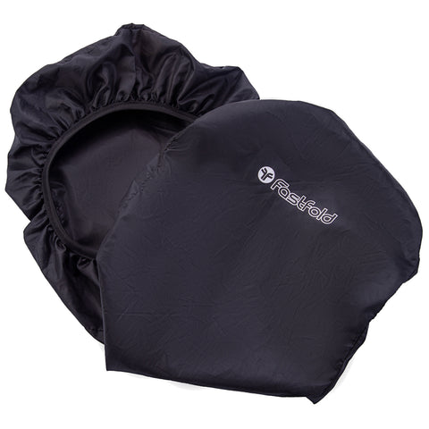 Two black fabric covers sit side by side on a neutral background with a gathered elastic edge on one and a smooth surface on the other featuring a logo that reads Fastfold.