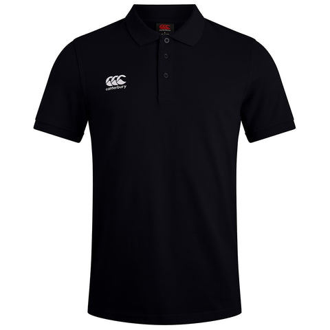 A black polo shirt is displayed with a collar and three buttons it features a white logo on the left chest area making it suitable for casual or sportswear contexts.