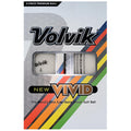 A golf ball pack labeled Volvik contains white golf balls with the number 4 displayed. The pack showcases a colorful design and highlights the product as New Vivid, noting it as the world's first matte finish golf ball.