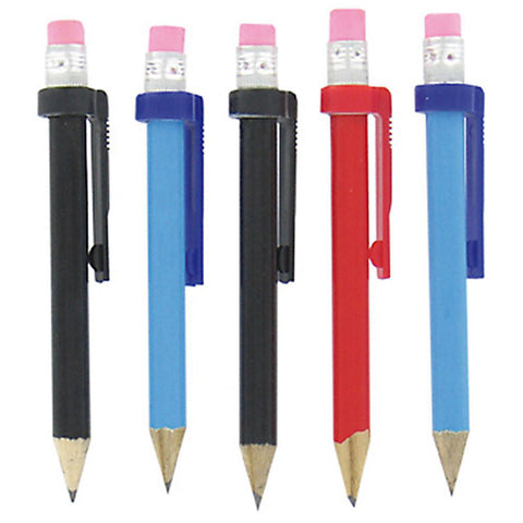 Five mechanical pencils stand upright with their tips down on a plain surface. Each pencil features a different color body with pink erasers at the top.