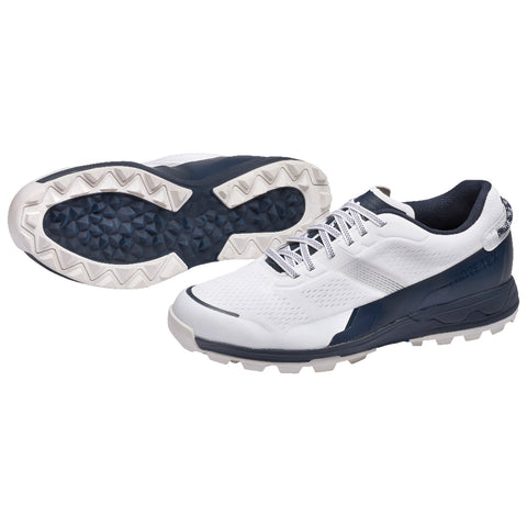 A pair of athletic shoes designed for traction and comfort with a white mesh upper and a patterned rubber sole suitable for outdoor activities placed on a white background