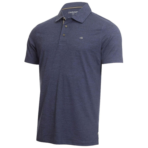 A navy blue short-sleeved polo shirt is displayed standing upright showcasing its collar three buttons and a small logo on the left chest area against a white background.