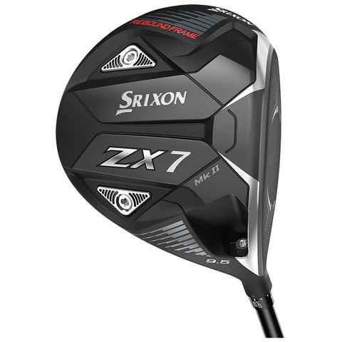 A black golf driver with a sleek design sits angled to show its face featuring the brand name Srixon and the model ZX7 Mk II 9.5 in silver text.