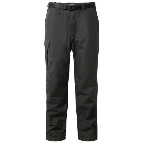 Black hiking pants are displayed standing upright with a belt attached showcasing a cargo pocket on the side designed for outdoor activities in rugged environments.