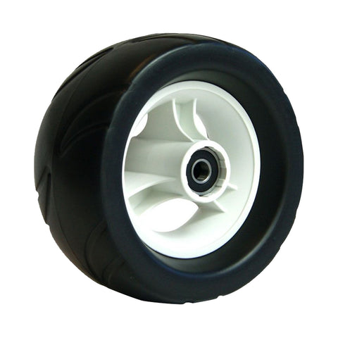 A black rubber wheel with a white hub is shown positioned upright displaying a sleek design and a smooth surface suggesting use in a vehicle or machinery.