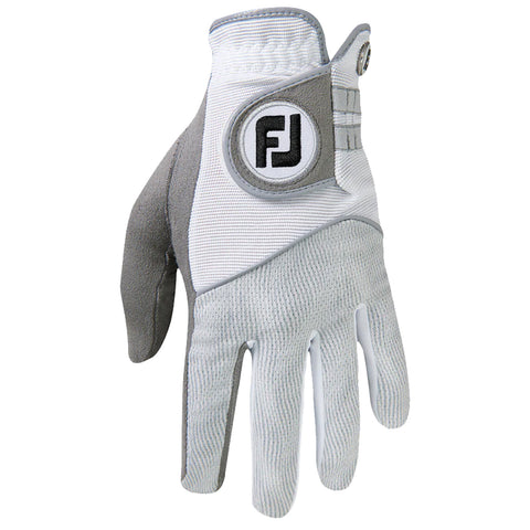 A golf glove is displayed with a white and gray design featuring a circular logo on the wrist area showcasing a sleek and functional style for improving grip on golf clubs.