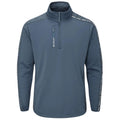 A half-zip pullover in a dark blue color features a high collar and a textured pattern along the shoulders and sleeves designed for casual or athletic wear.