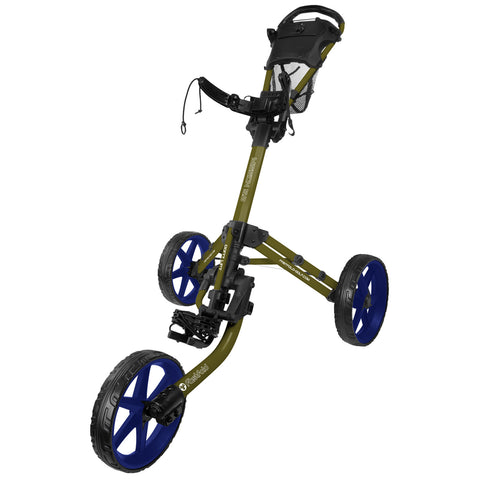 A golf push cart stands upright featuring a sturdy frame with wide wheels and a handle for maneuvering in outdoor golf course environments.