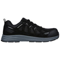 A black athletic shoe designed for comfort and performance features a breathable upper with a textured sole indicating stability and support suitable for various activities.