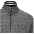 A gray quarter-zip pullover is displayed with a high collar The zipper is centered with a brand name embroidered vertically along it The fabric texture appears smooth and athletic