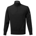 A black pullover sweater with a high collar and a short zipper at the front is displayed against a neutral background, emphasizing its simple design and clean lines.