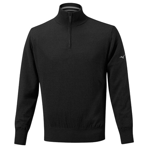 A black pullover sweater with a high collar and a short zipper at the front is displayed against a neutral background, emphasizing its simple design and clean lines.